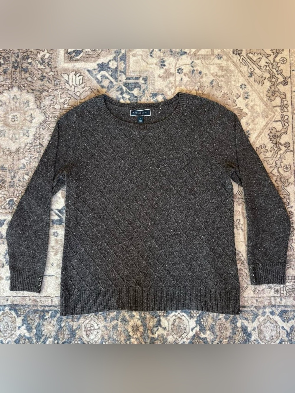 Karen Scott Heather Gray Quilted Knit Sweater Cotton Blend